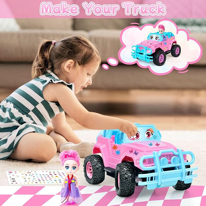 Remote Control Car- RC Truck with DIY Stickers and Doll for Kids Girls Birthday 1:20 Scale RC Truck Full Functions Creative Racing Car for Toddlers Kids Indoor Outdoor Games Pink