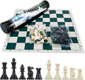 Tournament Chess Set: Portable Plastic Tube Roll Foldable Vinyl Chess Board (Green 16X16IN 2 Players All Ages)