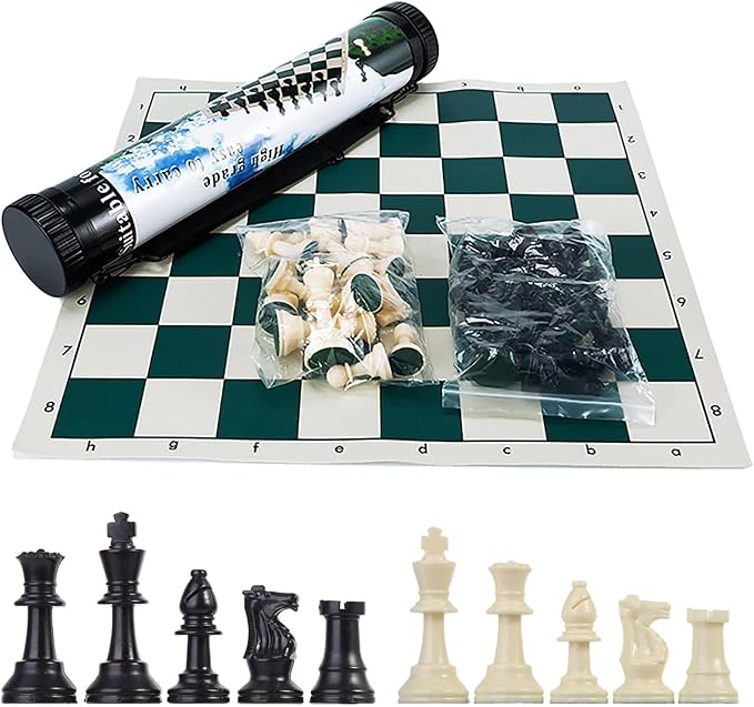 Tournament Chess Set: Portable Plastic Tube Roll Foldable Vinyl Chess Board (Green 16X16IN 2 Players All Ages)