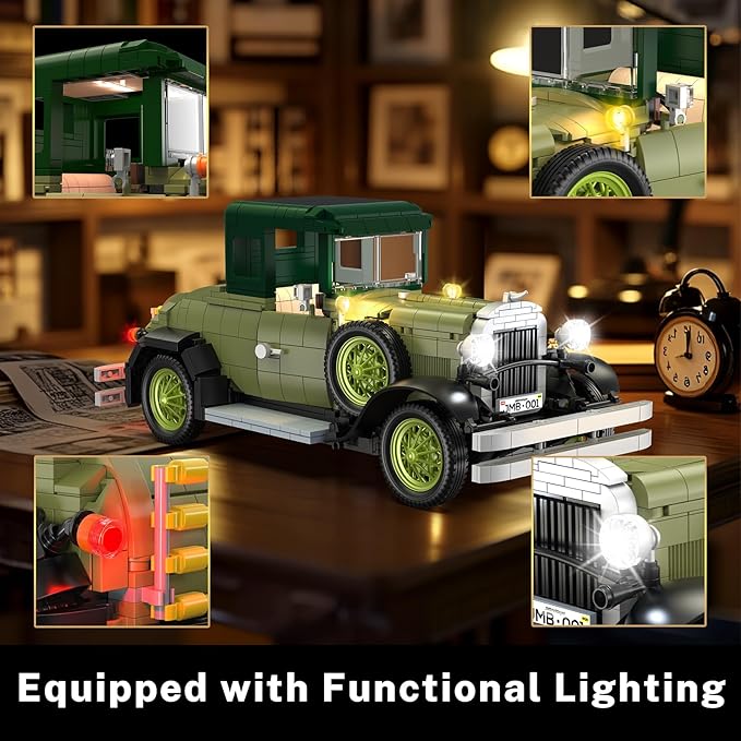 JMBricklayer Vintage Cars Building Sets for Adults with Lights 50001 Classic Retro Model Car Kits Antique Cars Collectible Display Decorations Building Toys Gifts for Men Women Boys Girls(1297 PCS)
