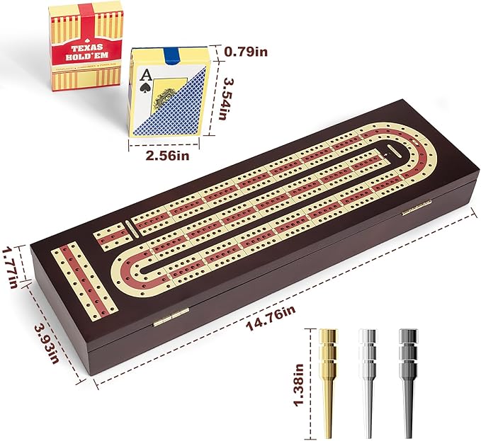 Cribbage Board Game Set Premium Wooden Board with Magnetic Lock and Metal Pegs 2 Playing Cards and Large Storage - Travel-Friendly Continuous 3 Track Board