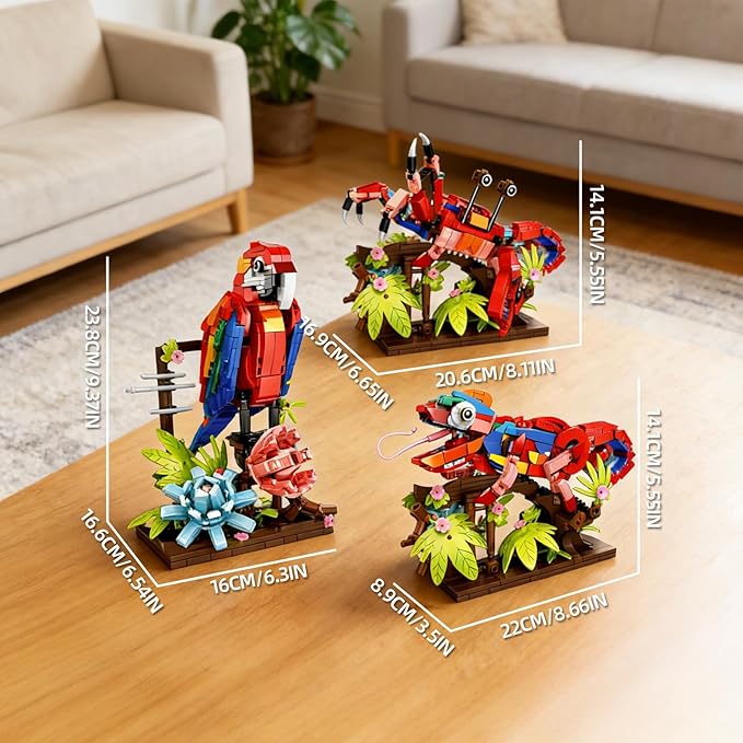 3-in-1 Parrot Building Sets 538 PCS Chameleon &amp Crab Animal Model with Flowers Creative Bird Construction Kit for Adults Nature Display Gift (Compatible with Major Brands)