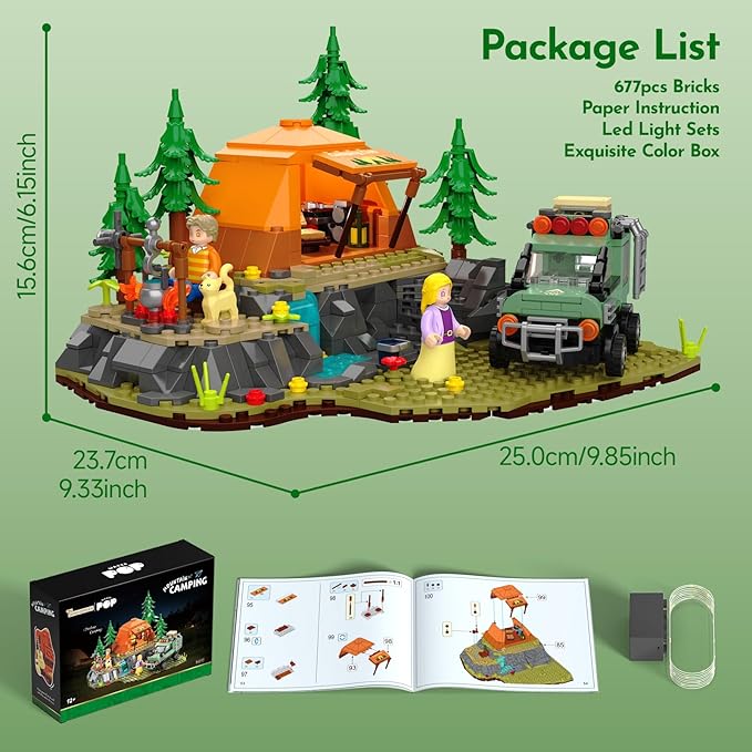 Mountain Camping Building Set with Light Outdoor Adventure Scene Toy with Camp Tent Camper Van Campfirre Creative Home Decor &amp Display Xmas Birthday Gift for Adults Teens Camping Lovers 677