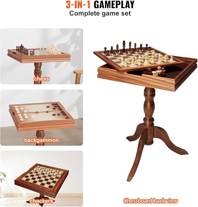 VEVOR 3-in-1 Chess Checkers Backgammon Table Set 18 Inch Premium Wooden Chess Table Deluxe Combo Game Table Furniture Set Chess Set Board Game Gift for Family Board Games