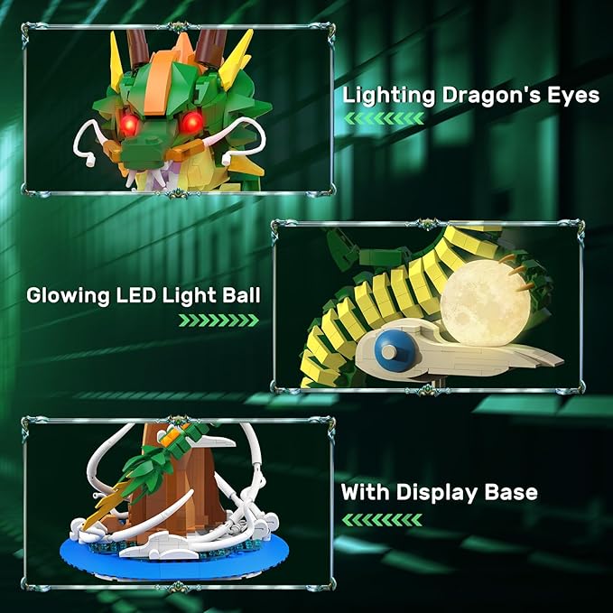 NUTCRACKER Dragon Building Blocks Set for Adult Lighting Dragon Building Display Model with Light Ball Cool Animal Dragon Toy Building Set Easter Birthday Gifts for Boys Girls 14+ (1364 Pieces)