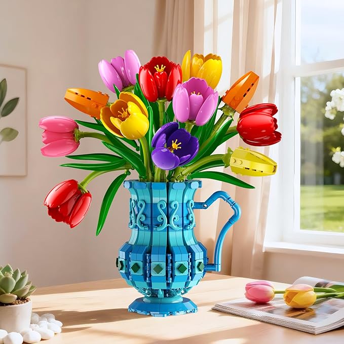 Flowers Bouquet Building Set with Vase - Tulips Bonsai Building Block for Adults Easter Gift for Her/Wife/Mom/Girlfriend 768PCS Artificial Plant Botanical Collection for Home Decor