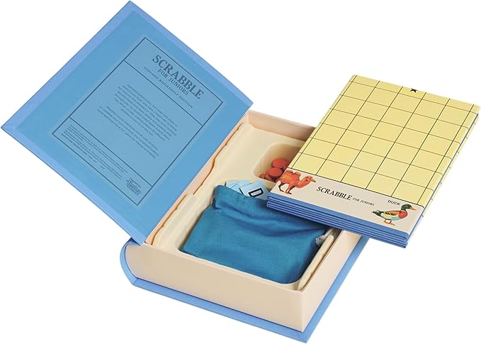 WS Game Company Scrabble for Juniors Vintage Bookshelf Edition: Linen Fabric-Wrapped Book Case — Educational Scrabble Jr. Board Game for Kids and Families (2-4 Players Ages 5+)