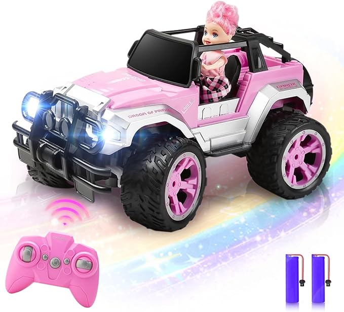 Carox Remote Control Car for Girls 160 mins Pink RC Car with Doll and Sticker 1:16 Scale RC Convertible Truck with Rechargeable Batteries Birthday for Ages 4-12 Years Girls