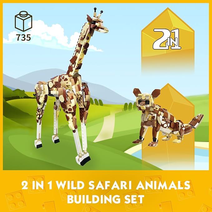 KAZI Creator 2 in 1 Wild Safari Animals Building Set Rebuilds into Giraffe or Corsac Fox Toy Figures Nature Toys for Kids Ages 8 Years Old and UpEaster Basket Stuffers