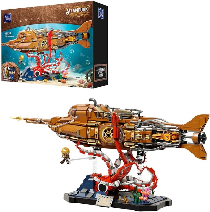 PANTASY Steampunk Nautilus Submarine Building Set Modular 3-Section Design with Gear-Linked Propeller Mini Boat &amp Undersea Adventure Scene Retro Mechanical Collectible Model Kit for Adults