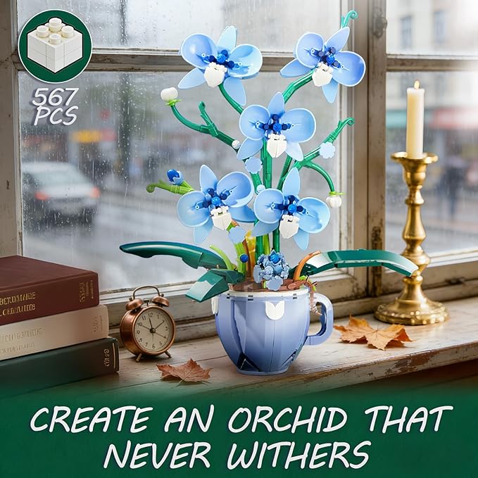 Blue Orchid Flower Building Set with Vase for Adults Compatible with Lego Botanical Flowers 567pcs Ideas Plant Collection Toys for Home and Office Decor Gifts for Christmas Mother's Day