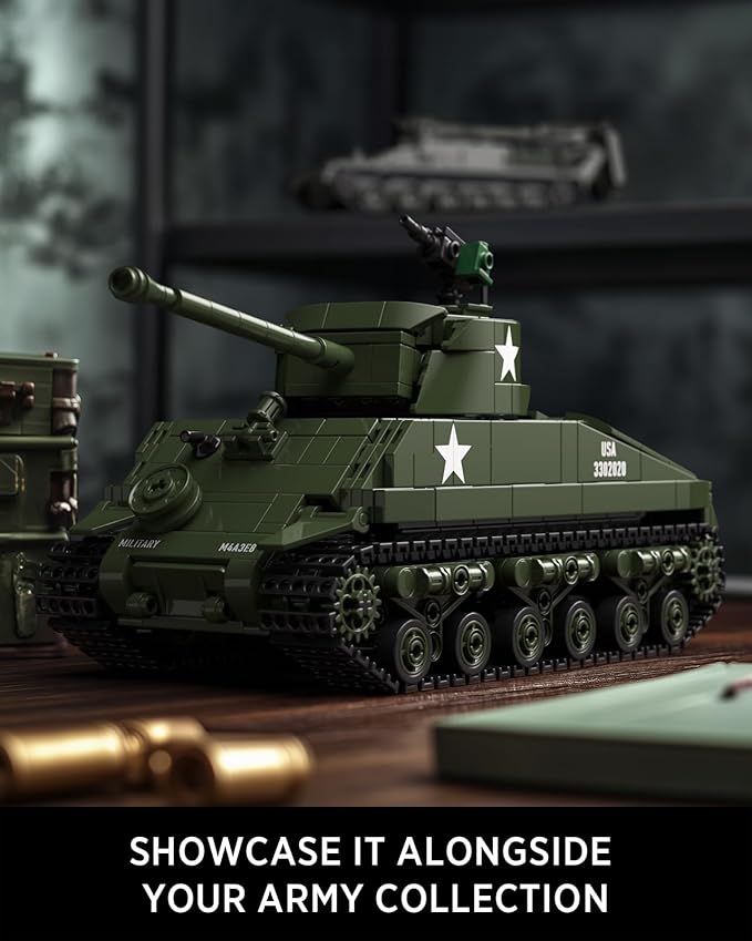 Nifeliz Sherman Military Tank Building Set for Adults Collectible WW2 Military Model Toy to Build and Display M4 Medium Vehicle for Army Enthusiasts (860 PCS NF10313)
