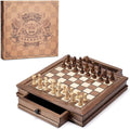 AMEROUS Magnetic Wooden Chess Set 12.8 x 12.8 Walnut Chess Board Game with 2 Built-in Storage Drawers - 2 Bonus Extra Queens - Chess for Beginner Kids and Adults Gift Packaging