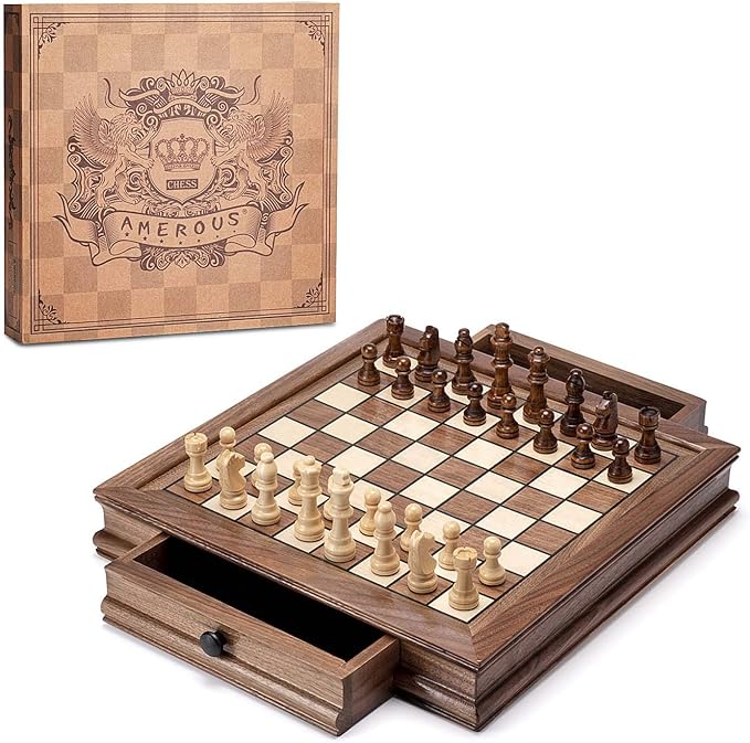 AMEROUS Magnetic Wooden Chess Set 12.8 x 12.8 Walnut Chess Board Game with 2 Built-in Storage Drawers - 2 Bonus Extra Queens - Chess for Beginner Kids and Adults Gift Packaging
