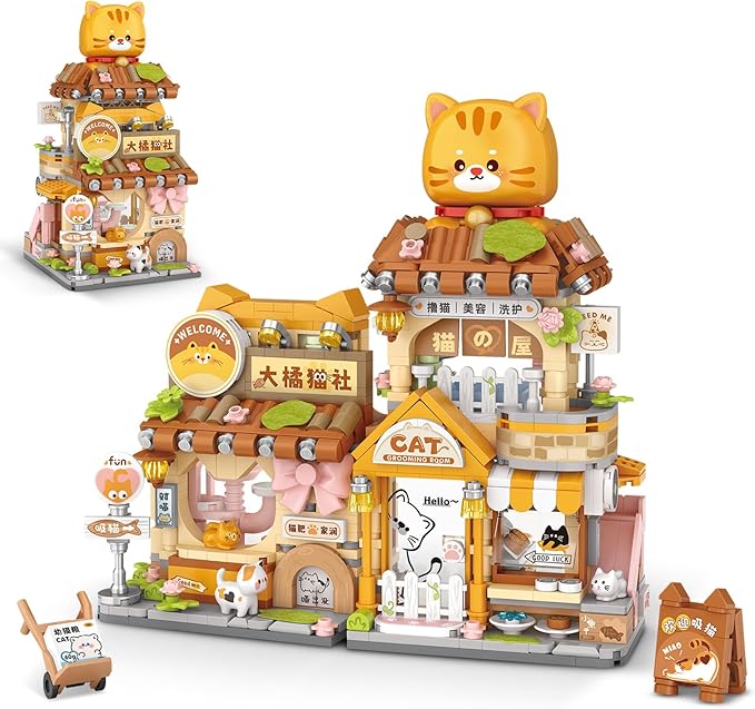 Street View Cute Cat Shop Mini Building Blocks MOC Creative Building Toys Cute Animals Building Set for Girls 6-12 Simulation Architecture Construction Toy Gift Idea for Kids Adults (917 PCS)