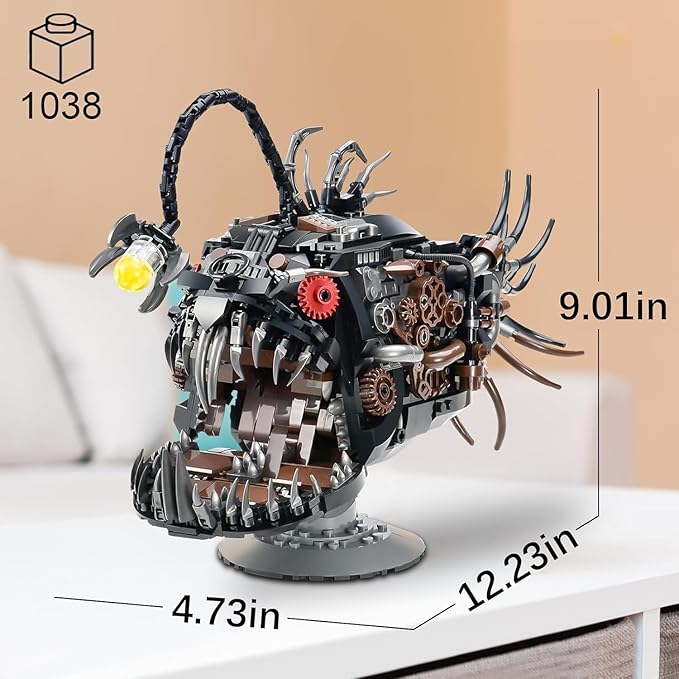 Mechanical Lantern Fish Building Block Set1038 PCS Ocean Animals Decor Collection Toy Compatible with Lego Sets for Boys 8-14STEM Birthday Gift for Adults Women Girls Boys Age 8-12(with LED)