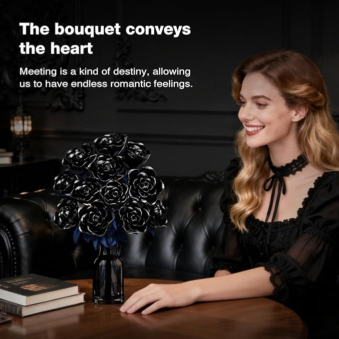 Rose Rotating Everlasting Flower Building Set Compatible Artificial Bouquet Elegant Home/Office Decor Accent for Tabletop Display Long-Lasting Home Decoration (Black)