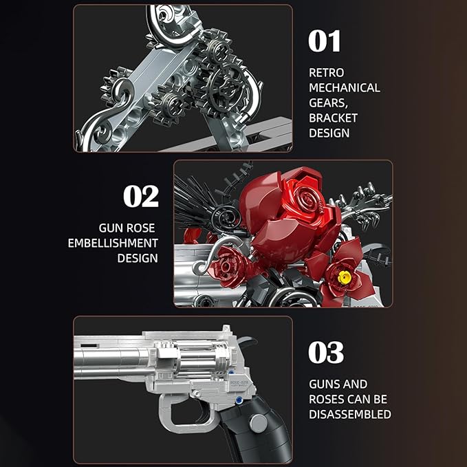 Building Blocks Gun Revolver Set 631 PCS Brick Pistol Model Kit with Roses Creative Mechanical Block Gun Compatible with Lego 853792 Accessory Toy for Kid &amp Adults Home Decor