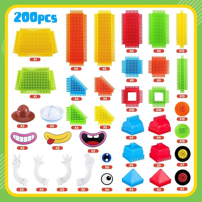 teytoy 200Pcs Building Blocks Toys Bristle Shape Building Blocks Set STEM Interlocking Construction Learning Toys for Kids Ages 3+