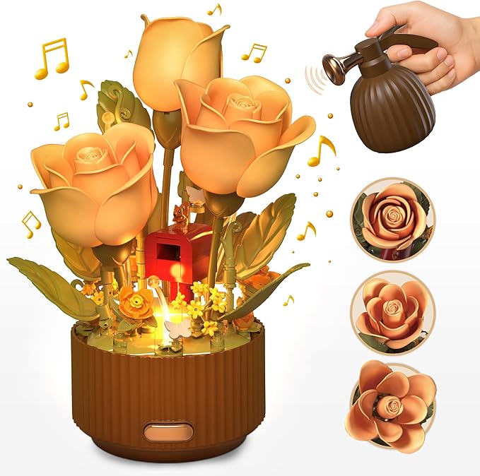 Magical Blooming Rose Building Set for Mom - Electric Moving Flower Blocks with Interactive Sound &amp LED Light Best Birthday for Women Grandma Wife