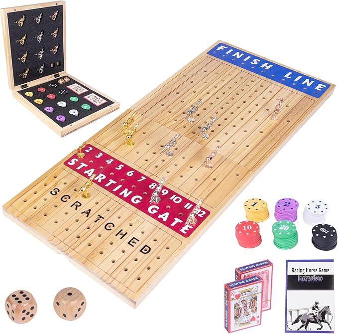 Extra Large 28 inches Foldable Horse Race Board Game for AdultsThickened Wood ChessboardIncludes 11 Luxurious Metal Horses 60 Chips2 Dice2 Boxes of CardsClassic Wooden Table Top Board Games