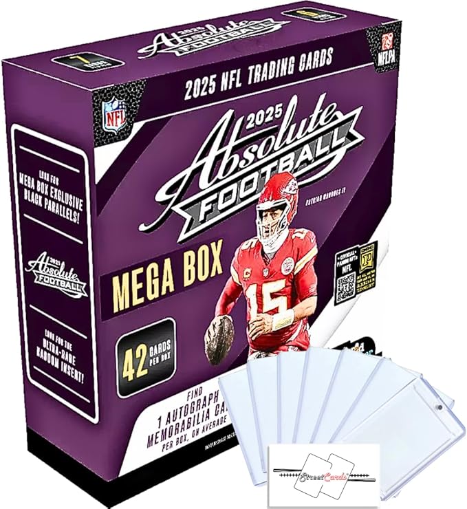 2025 Absolute Football Mega Box with 42 Total Trading Cards + 6 Toploaders + Magnetic Holder and StreetCards Magnet! Look for Kaboom Inserts!