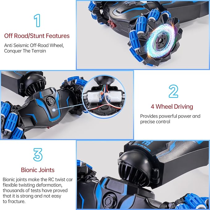 4WD Remote Control Gesture Sensor Car Double-Sided Rotating 360° Flips Drift with Lights Music RC Stunt Twist Car Birthday Presents for 6-12 Kids (Blue)