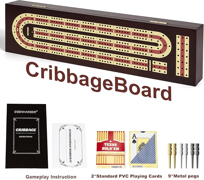 Cribbage Board Game Set Premium Wooden Board with Magnetic Lock and Metal Pegs 2 Playing Cards and Large Storage - Travel-Friendly Continuous 3 Track Board