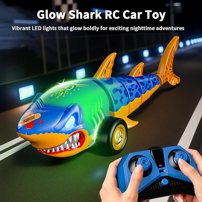 RC Shark Car Toy for Kids 2.4Ghz Remote Control Shark with Swinging Tail Shark Toy with LED Lights RC Car Toys for 3 4 5 6 Year Old Kids Idea for Boys &amp Girls