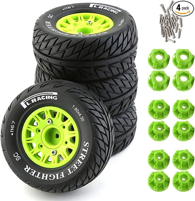 1/10 RC Short Course Truck Tires And Wheels With 12mm 14mm 17mm Hex 113mm 1/8 Rubber Tyres For 1/8 or 1/10 Scale On Road Car HSP Sonic 94102 GT PTG-2 Tamiya TT02 RC Racing Car 4PCS (Green B)