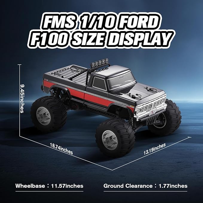 EAZYRC FMS 1/10 RC Truck Ford F-100 – 2WD Monster Truck with Licensed Body 550 Brushed Motor Oil Shocks Independent Suspension – All-Terrain RC Crawler High Speed Off-Road RC Car for Gift(Black)