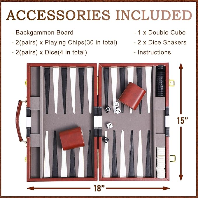 Backgammon Sets for Adults 15 inch Backgammon Brown Sets Classic Board Game with Premium Leather Case Portable Travels Strategy Backgammon Game Set for Adults Kids (Brown)