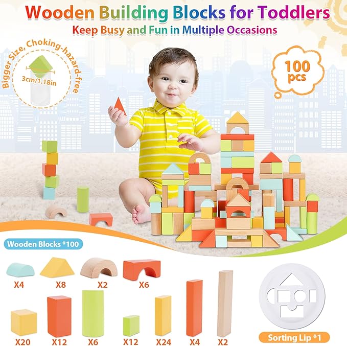 FCSONU Wooden Building Blocks for Toddlers 1-3 100 Pcs Wood Blocks Set - Sorting &amp Stacking Toys with Storage and Lid Kid Montessori Toys Ages 2+ Christmas 1st Birthday Gifts for Boys Girls Bab