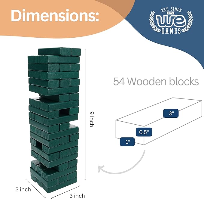 WE Games Wooden Block Stacking Party Game for Adults Tumble Tower Wedding Guest Book Alternative Tabletop Games Includes Storage Case 12 inches