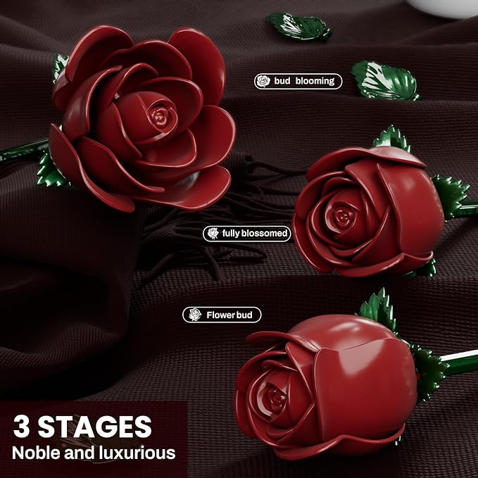 Burgundy Red Rose Bouquet Building Set for Girls &amp Boys - 12 Pack Botanical Collection Gift for Easter Basket Artificial Flowers Botanical Collection Centerpiece Retro Decor