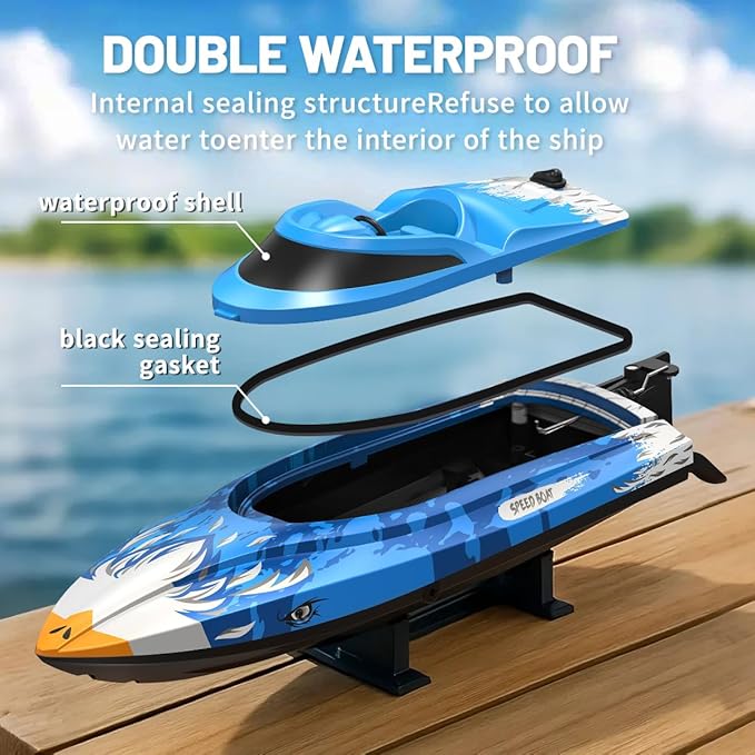 RC Boat 25KM/H High Speed Waterproof Remote Control BoatWater Cooling 2.4GHz Remote 2 Batteries LED Lights One-Key Flip Low Battery &amp Out-of-Range Alarm Pool &amp Lake Racing for Kids &amp