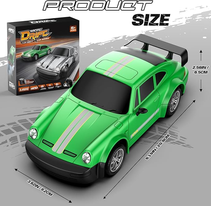 RC Drift Car 1:24 Scale Remote Control Car with LED Lights 20KM/H 4WD High Speed RC Cars Racing and Drifting Dual-Mode Toy Car Idea Gift for Adults and Kids Green
