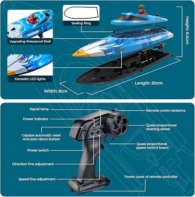 25KMH RC Remote Control Boat with LED Lights Self-Righting Low Battery Alert 2.4GHz with 800 mAh Lithium battery Waterproof Electric Fast Speed Boat for Pool &amp Lake Toy for Boys Girls Blue