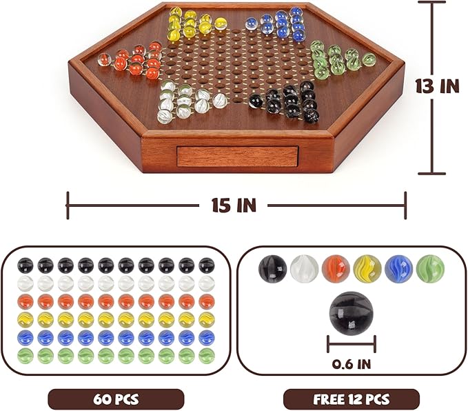 15-Inch Wooden Chinese Checkers Board Game Set – Classic Strategy Game with 72 Glass Marbles Dual-Sided Storage Drawer Family Board Games for Adults Educational Travel and Indoor Game