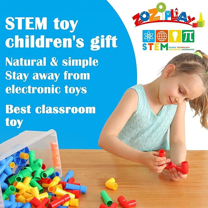ZOZOPLAY STEM Learning Toy Tubular Pipes &amp Spouts &amp Joints 64 Piece Build Bicycle Tank Scootie Moter Skills Endless Designs Educational Building Blocks Set for Kid Ages 3+ Multicolor