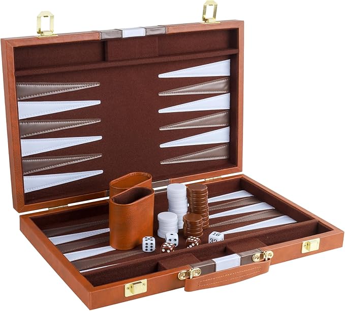 Backgammon Set 2 Players Classic Backgammon Sets for Adults Board Game with PU Leather Case Portable and Travel Backgammon Set (Brown 15inch)
