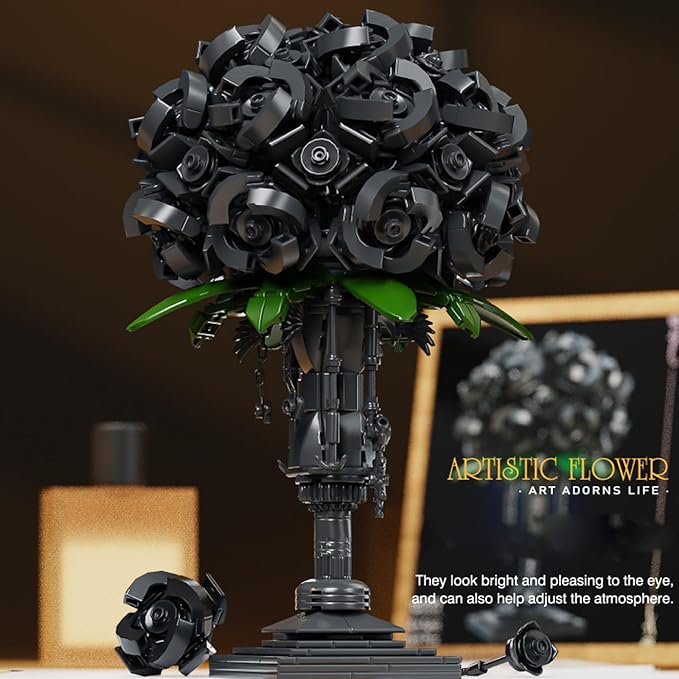Black Rose Building Block Flower Decor Gothic Style Brick-Built Floral Bouquet for Home &amp Office Compatible with Lego Dark Romantic Black Flowers DIY Display Gift for Adults