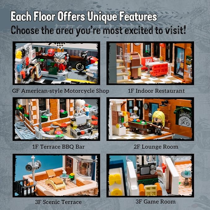 PANTASY Retro Motorcycle Diner &amp Bar Building Set - Modular Street Corner Architecture Kit with Interactive Doors Openable Walls 4 Motorcycles &amp 5 Exclusive Minifigures for Display &amp Pla