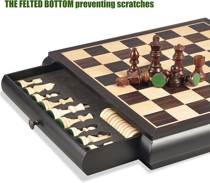 VAMSLOVE Wooden Chess Checkers Game Set 15.5 Large Size Board w/Storage Drawers Weighted Chess Pieces - 2 Extra Queens 3 King Gift for Birthday Housewarming Retirement - Black