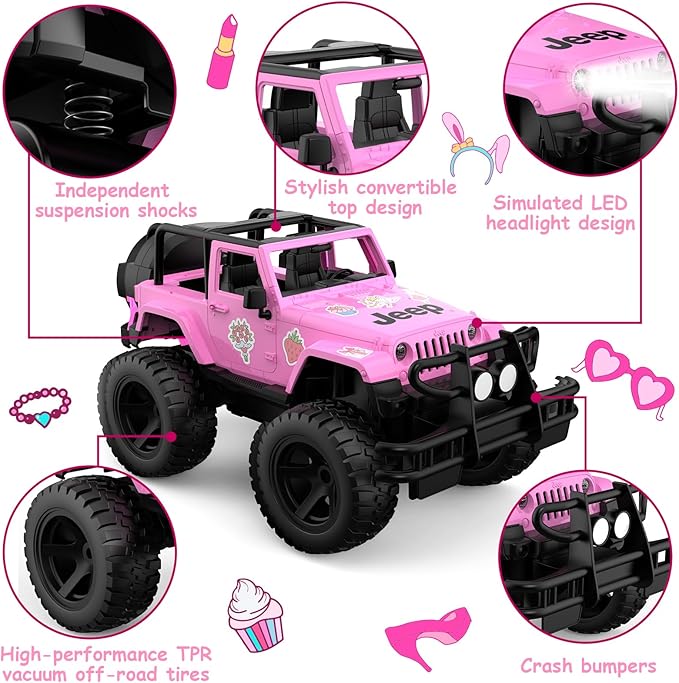 DOUBLE E Jeep Licensed 1:14 Scale Pink Remote Control Car for Girls with 2*DIY Stickers Open-top Design RC Jeep 80Min Play 2.4Ghz Off Road RC Trucks with LED Lights Birthday/Xmas Gifts for Girls 6+