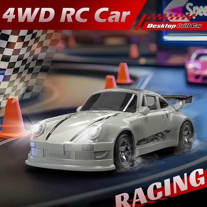 Desktop Mini Size 1:64 Scale 4WD RC Drift Car with Skill-Building Drift Control &amp LED Lights – Learn Drift Techniques Fast Charge Adjustable Throttle 2.4GHz Remote – Blue