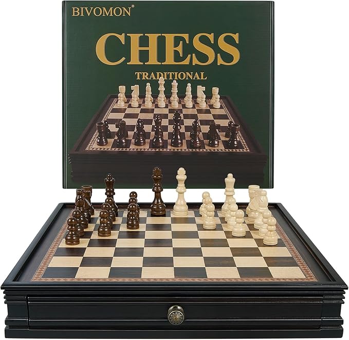 12.5’’ Wooden Chess Set Magnetic Chess Pieces with 2 Built-in Storage Drawers - Chess Broad Game for Beginner Kids Adults - 2 Bonus Extra Queens