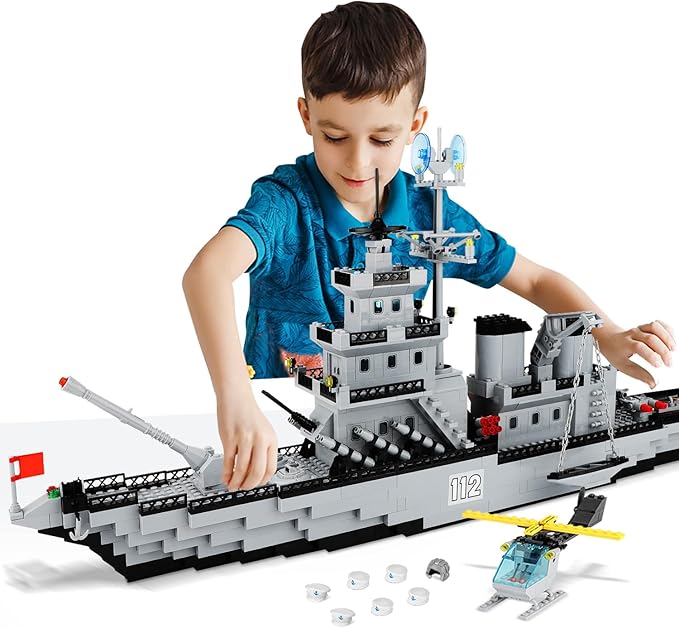 WW2 Military Battleship Building Block Set Large-SizedCruiser Toy Military Battle Ship Toy with Helicopter and City Lifeboat A Gift Compatible with Lego Sets for Boys 8-14 &amp Adults (910pcs)