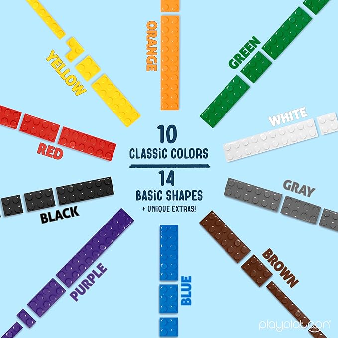 Play Platoon 1100 Pieces Building Bricks Set - 10 Classic Color Blocks - Bulk Building Blocks Compatible with Major Brands - 14 Different Shape Bricks - Includes Wheels Tires Axles Windows &amp Do