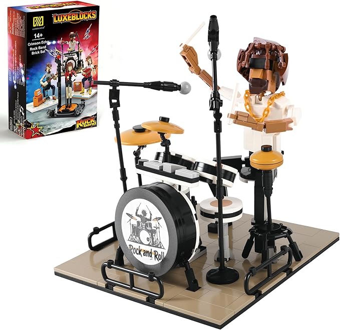 Dynamic Drummer Building Kit - 428-Piece Rock Concert Stage with Poseable Figure &amp Adjustable Drum Set Adult Collectible Model for Music Lovers Home Office Desk Decor Ages 14+